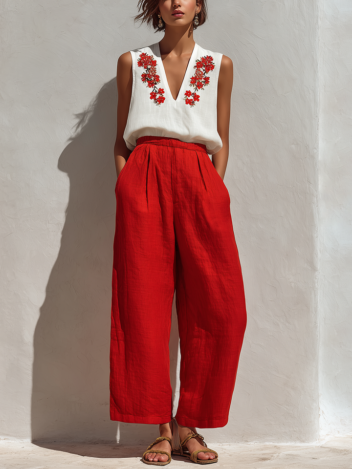 Ensemble Deux Pièces Femme Top en Lin Blanc Sans Manches Brodé de Fleurs & Pantalon Rouge Taille Haute à Jambes Larges