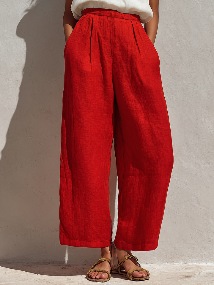 Ensemble Deux Pièces Femme Top en Lin Blanc Sans Manches Brodé de Fleurs & Pantalon Rouge Taille Haute à Jambes Larges