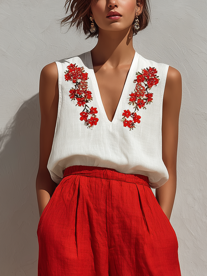 Ensemble Deux Pièces Femme Top en Lin Blanc Sans Manches Brodé de Fleurs & Pantalon Rouge Taille Haute à Jambes Larges