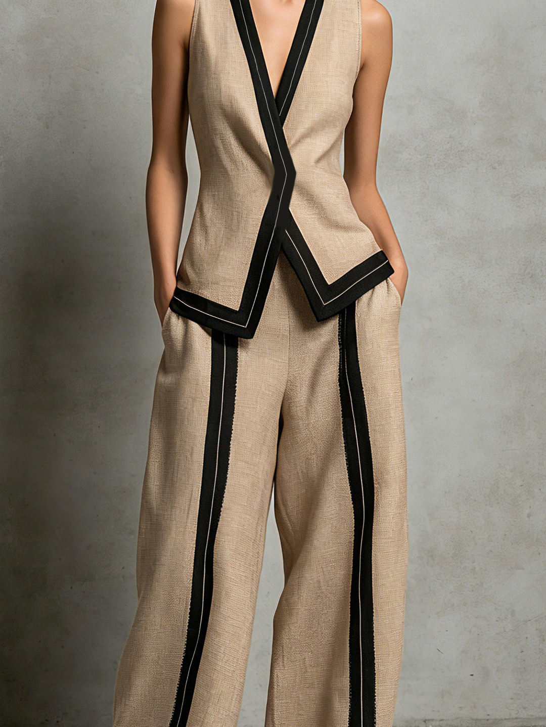 Ensemble Décontracté Femme en Coton-Lin Marron avec Décolleté en V et Pantalon Sans Manches
