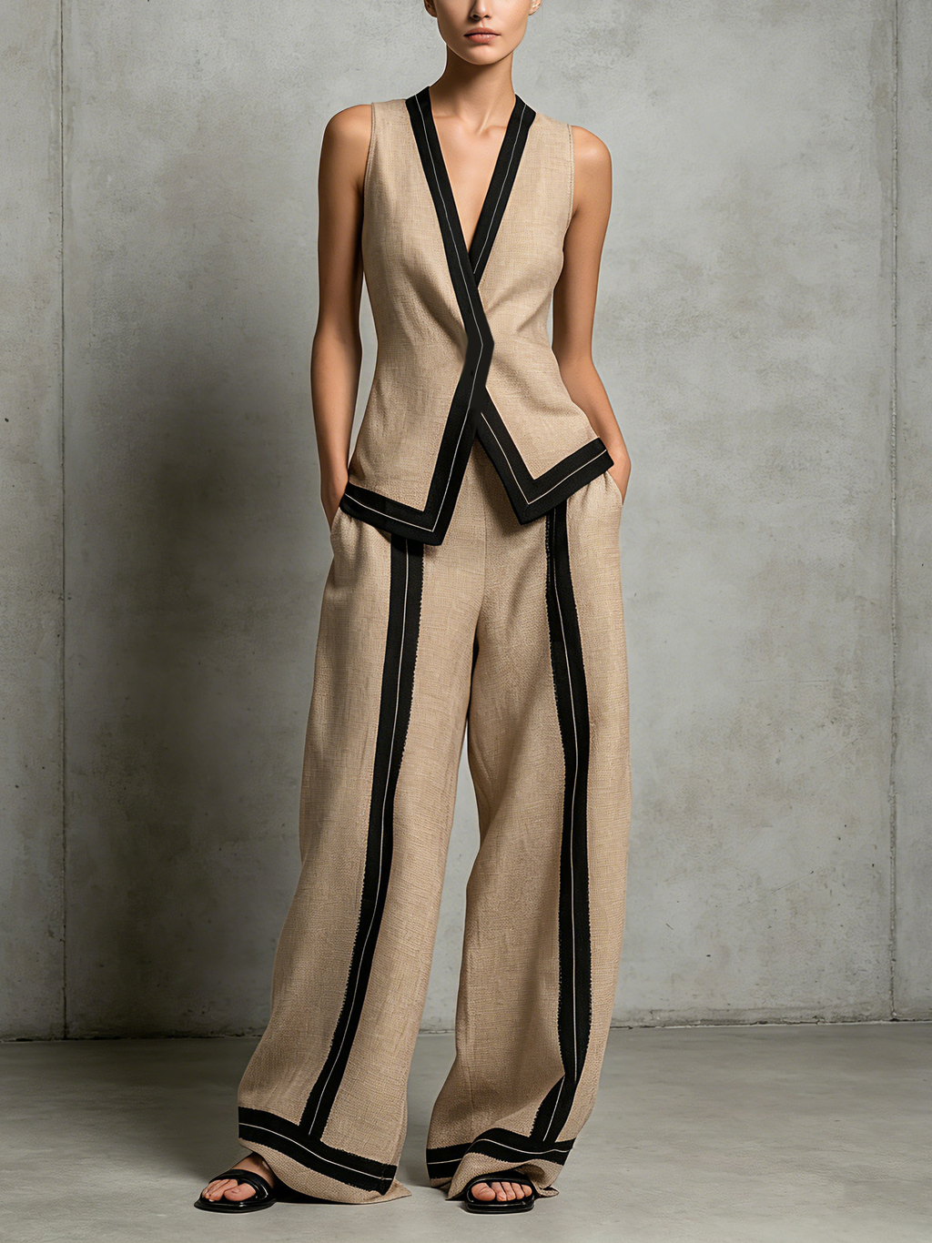 Ensemble Décontracté Femme en Coton-Lin Marron avec Décolleté en V et Pantalon Sans Manches