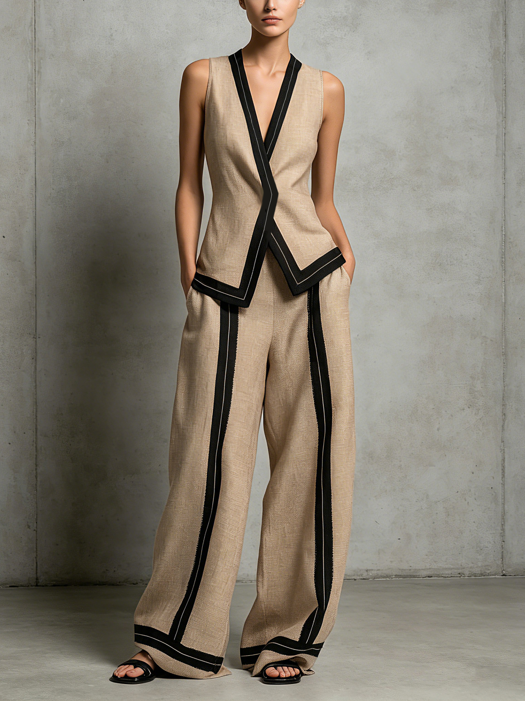 Ensemble Décontracté Femme en Coton-Lin Marron avec Décolleté en V et Pantalon Sans Manches