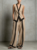 Ensemble Décontracté Femme en Coton-Lin Marron avec Décolleté en V et Pantalon Sans Manches