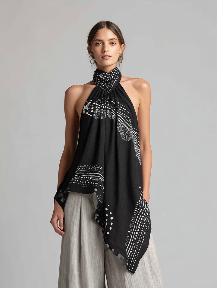 Ensemble Décontracté Femme : Haut Sans Manches Tissé Noir Imprimé à Col Halter Associé à un Pantalon en Coton-Lin Gris