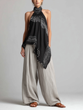 Ensemble Décontracté Femme : Haut Sans Manches Tissé Noir Imprimé à Col Halter Associé à un Pantalon en Coton-Lin Gris