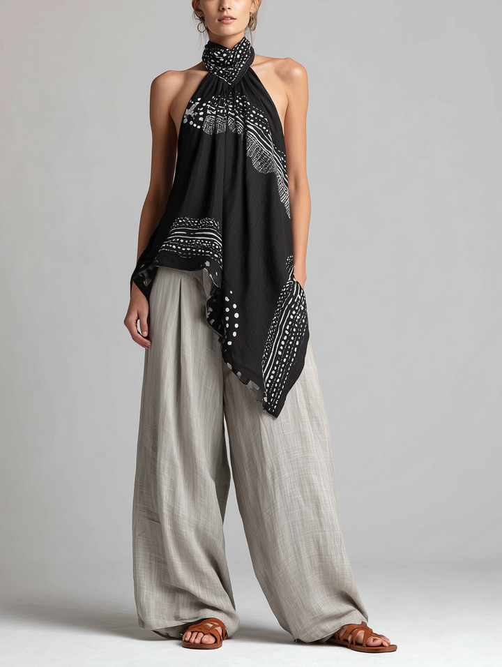 Ensemble Décontracté Femme : Haut Sans Manches Tissé Noir Imprimé à Col Halter Associé à un Pantalon en Coton-Lin Gris