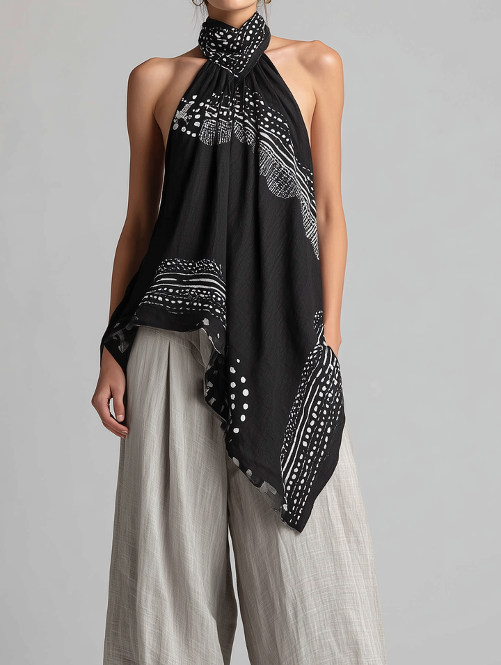 Ensemble Décontracté Femme : Haut Sans Manches Tissé Noir Imprimé à Col Halter Associé à un Pantalon en Coton-Lin Gris