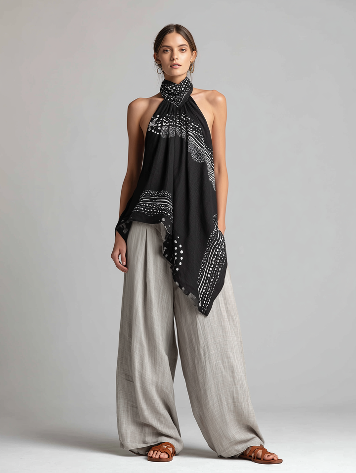 Ensemble Décontracté Femme : Haut Sans Manches Tissé Noir Imprimé à Col Halter Associé à un Pantalon en Coton-Lin Gris