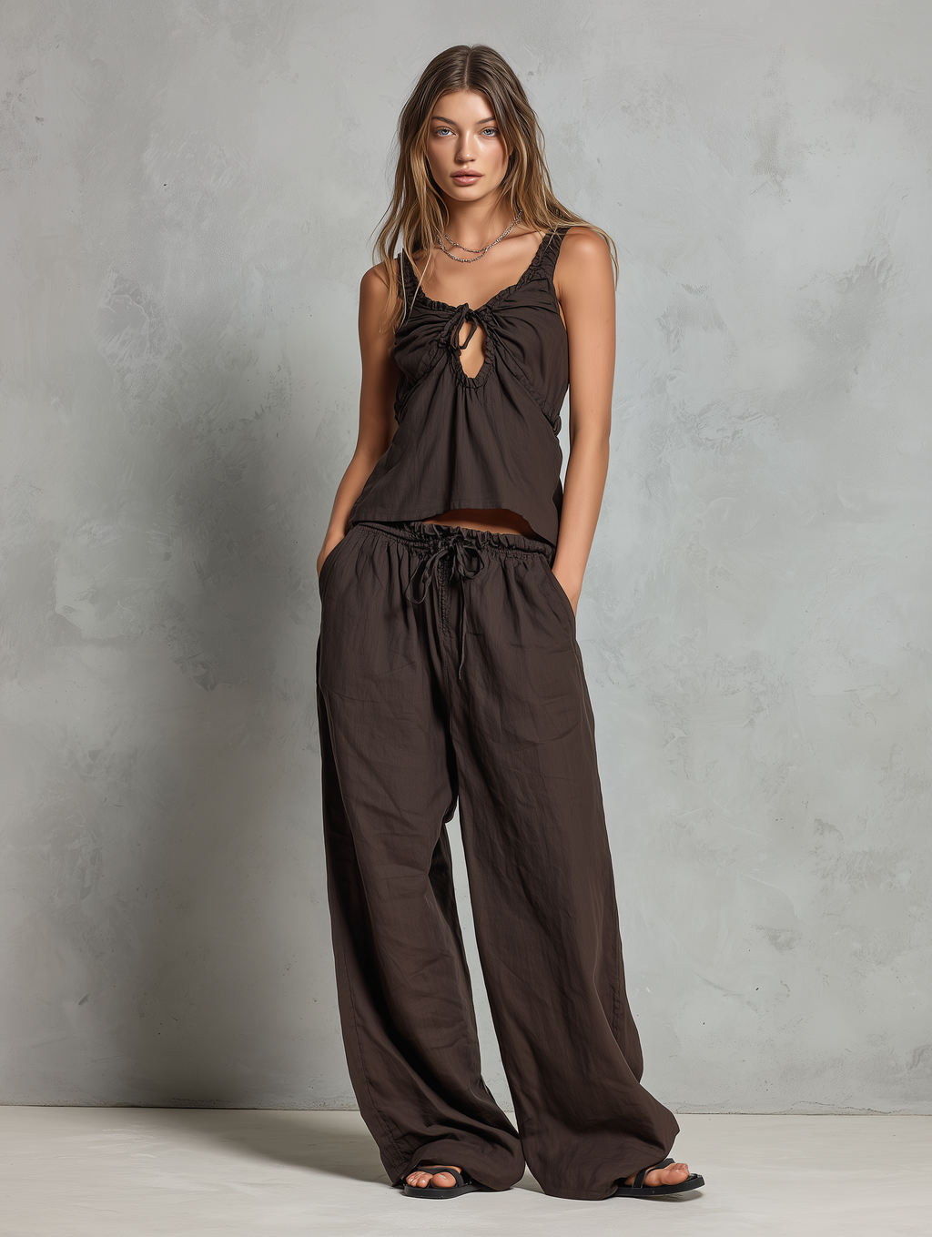 Gilet sans manches en coton-lin marron décontracté pour femmes avec pantalons