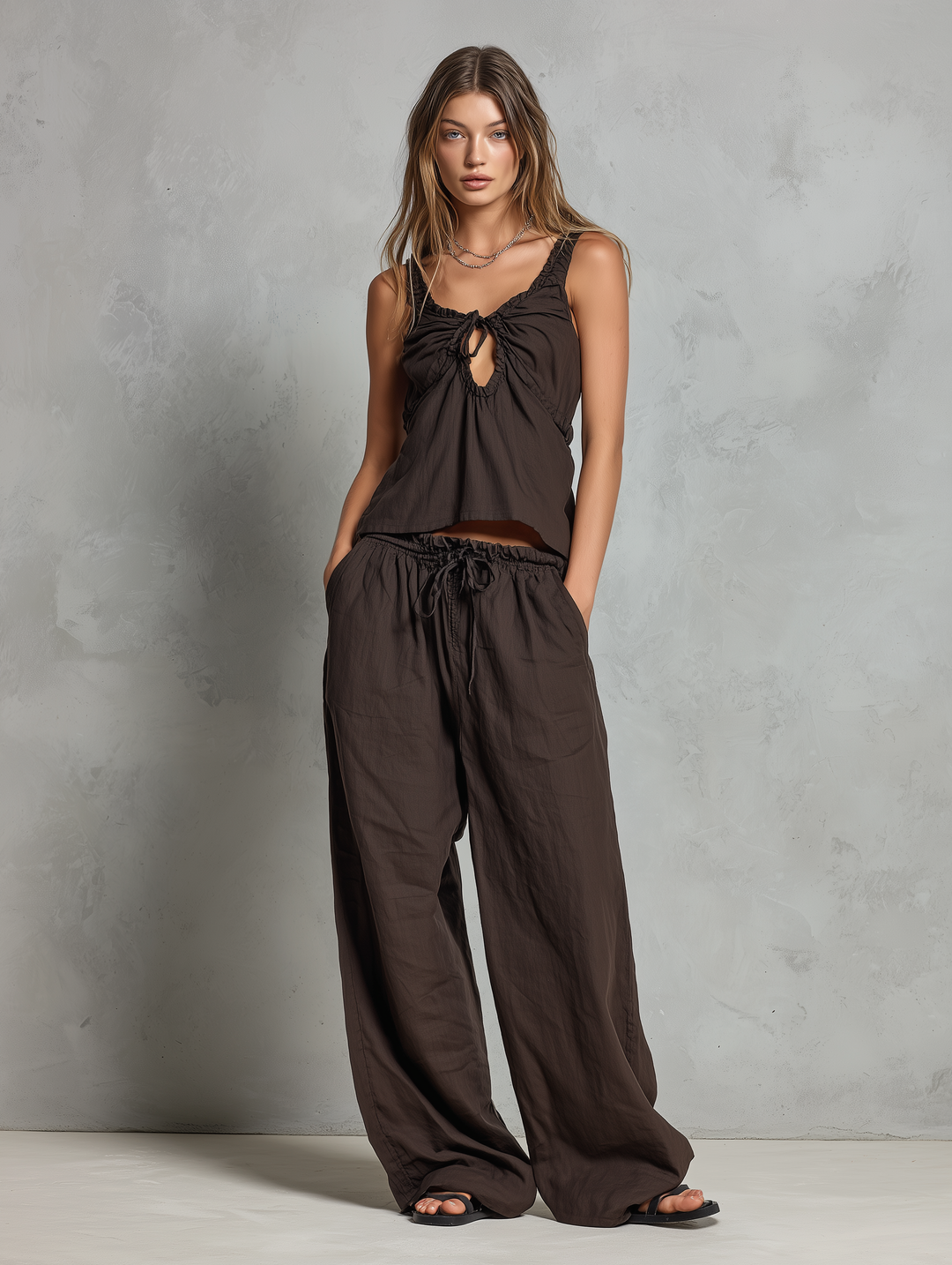 Gilet sans manches en coton-lin marron décontracté pour femmes avec pantalons