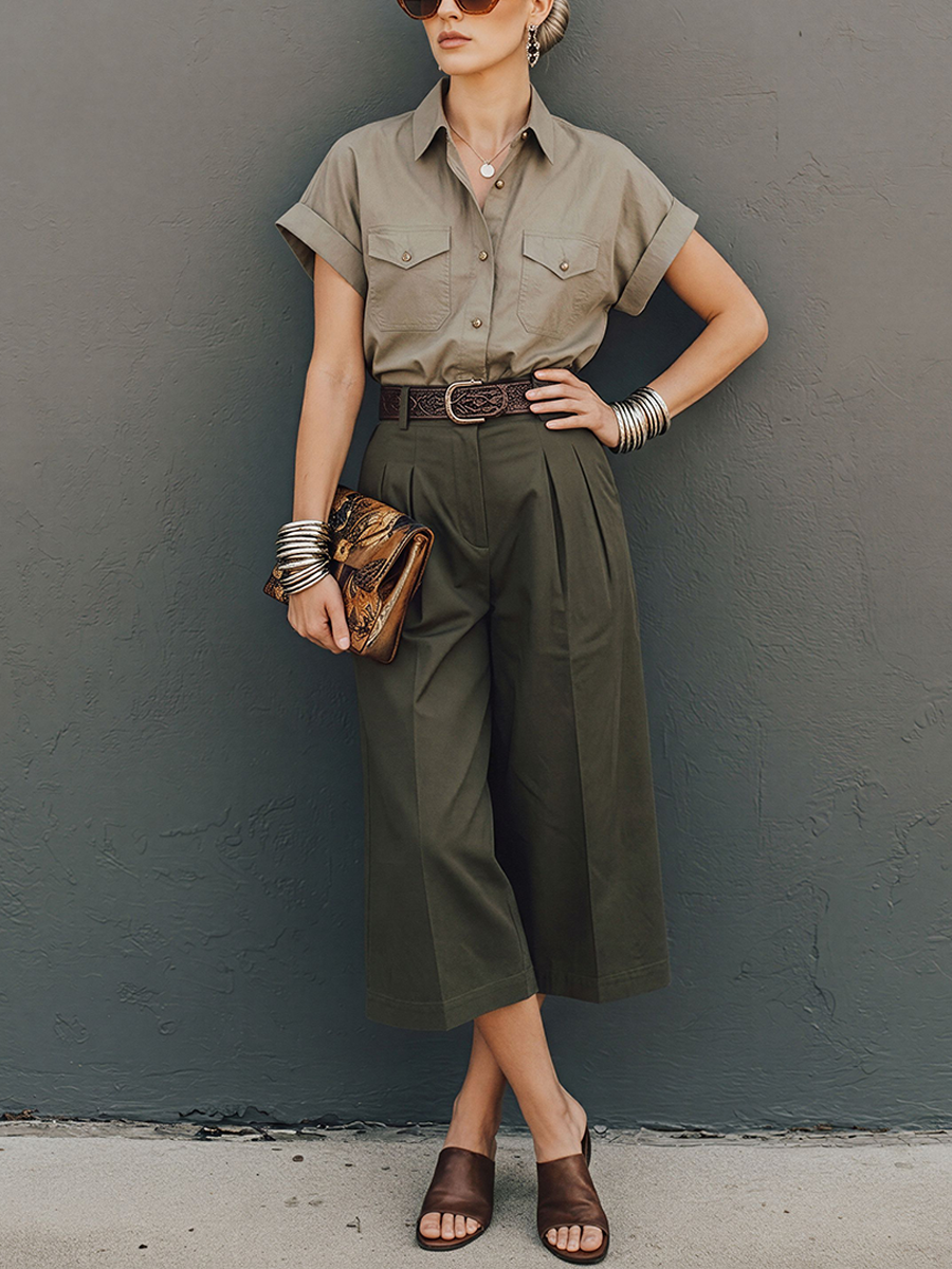 Chemise de travail collier en mélange de coton kaki pour femmes et pantalon capri large plissé taille haute vert armée