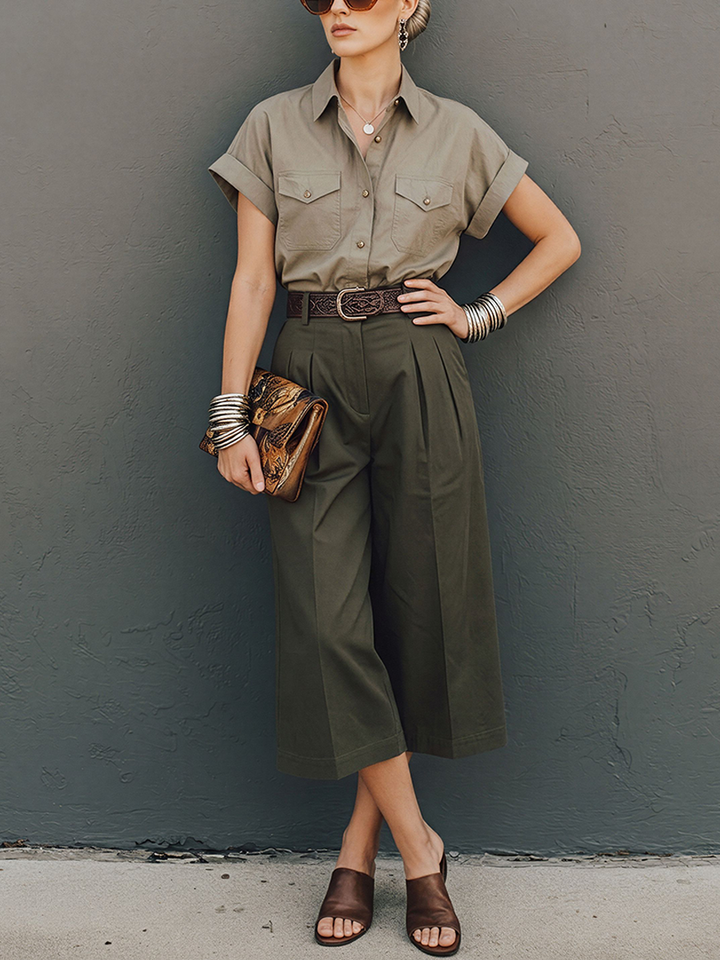 Chemise de travail collier en mélange de coton kaki pour femmes et pantalon capri large plissé taille haute vert armée