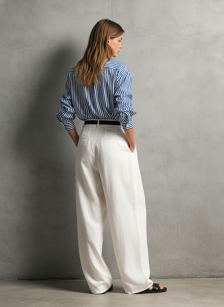 Ensemble Chemise Tissée à Rayures Bleues et Blanches à Manches Longues et Pantalon en Coton-Lin Blanc pour Femme (Ceinture Non Incluse)