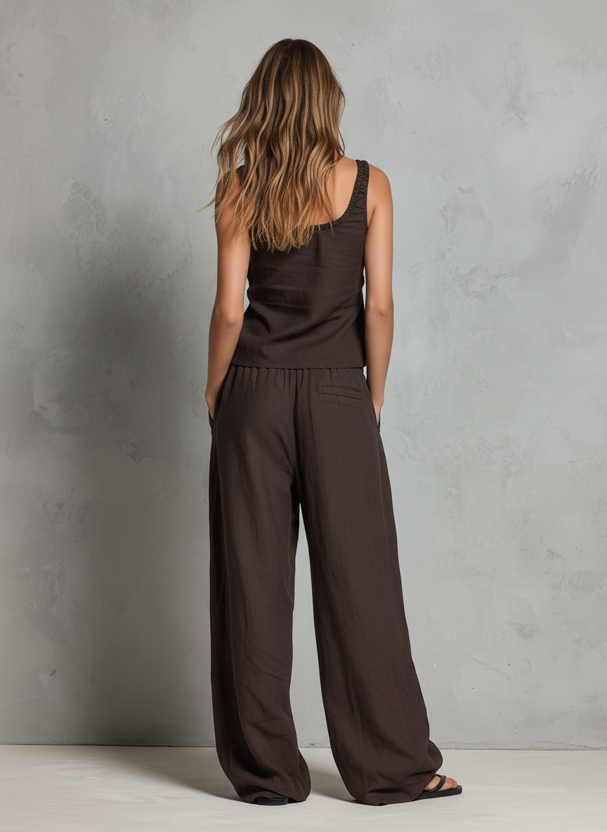 Gilet sans manches en coton-lin marron décontracté pour femmes avec pantalons