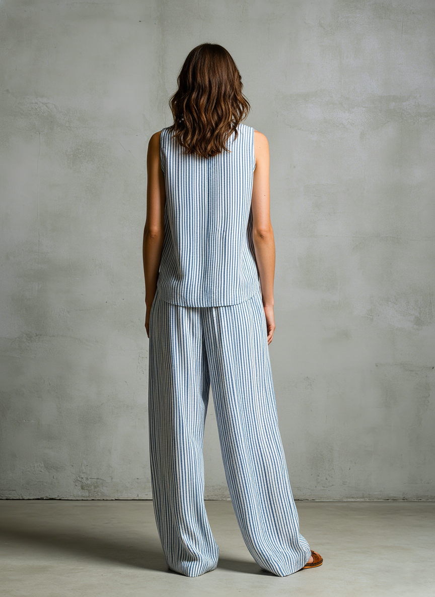 Haut sans manches en V tissé bleu et blanc à rayures décontracté pour femmes avec pantalon