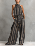 Ensemble Top Sans Manches à Col Rond Tissé Imprimé Rayé Élégant pour Femmes Associé à un Pantalon