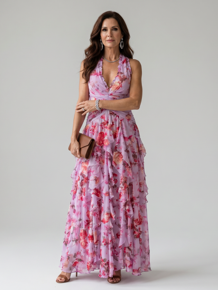 Nori | Robe Maxi Florale à Encolure Halter et Corps Froncé