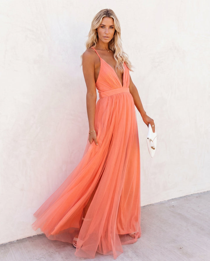 Aurore | Robe Longue Tulle Col V Plongeant & Ceinture Satinée