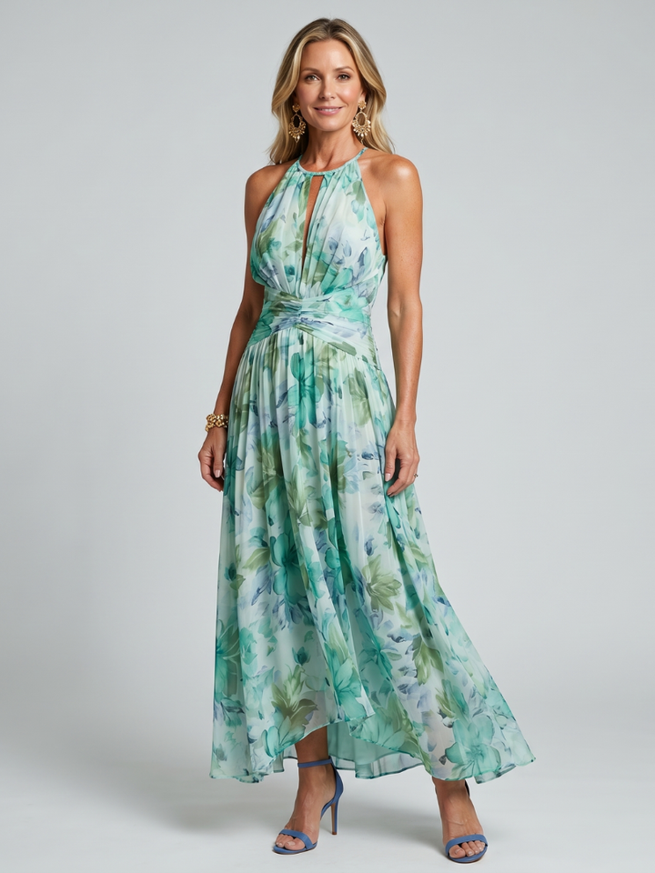 Portia | Robe Midi Mousseline Plissée Halter Imprimé Floral Aquarelle