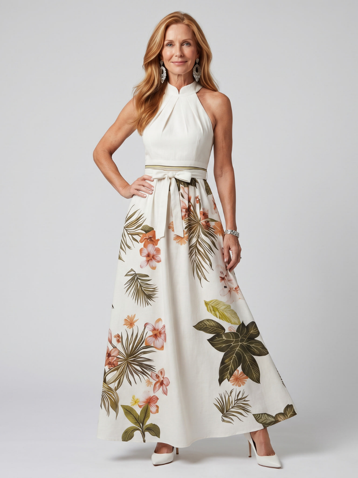 Meadow | Robe maxi à panneaux botaniques avec encolure halter drapée