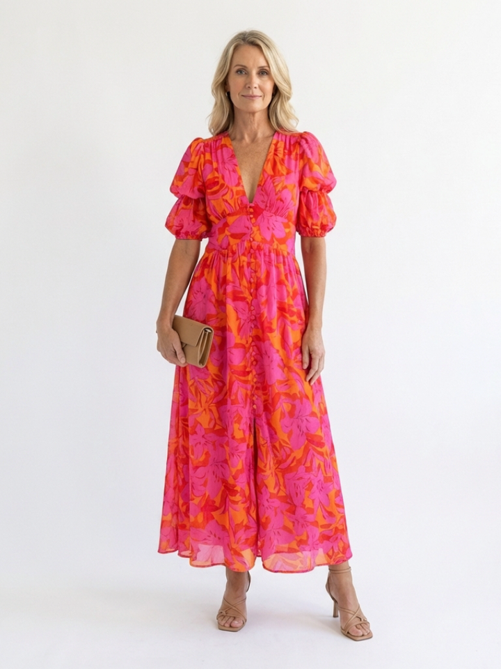 Saule | Robe Midi à Manches Bouffantes et Décolleté en V Floral