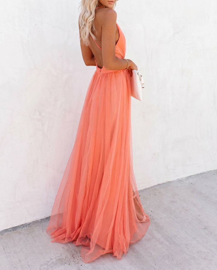 Aurore | Robe Longue Tulle Col V Plongeant & Ceinture Satinée