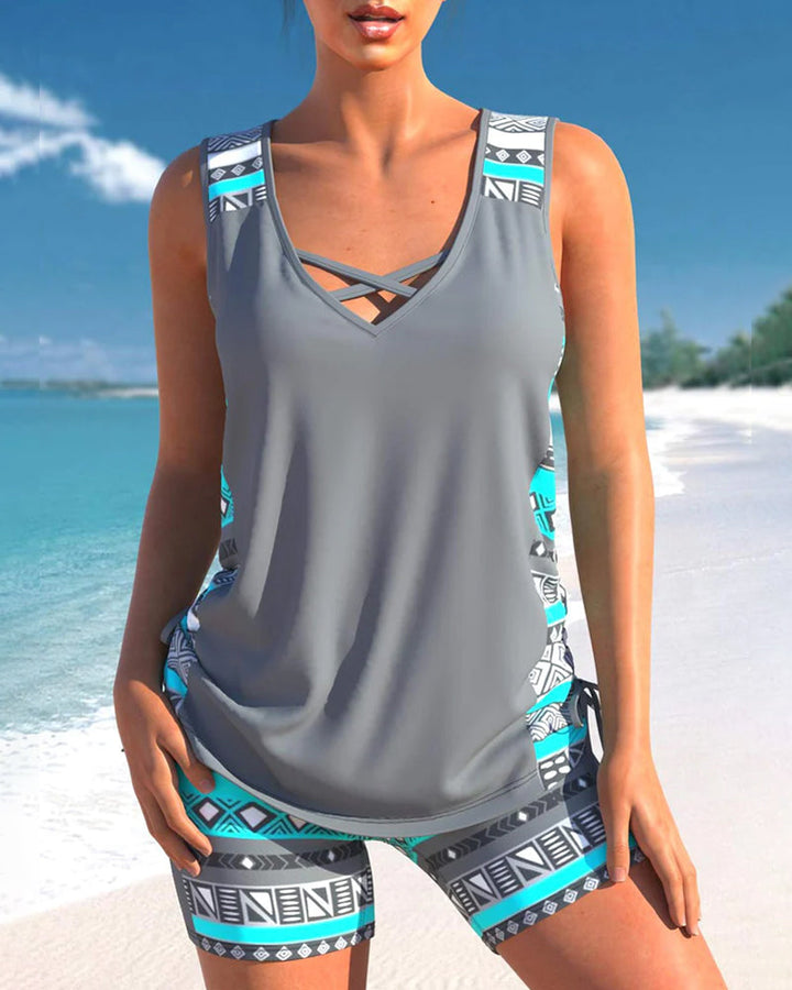 Azura | Tankini Deux Pièces Col V Croisé & Imprimé Géométrique Ethnique