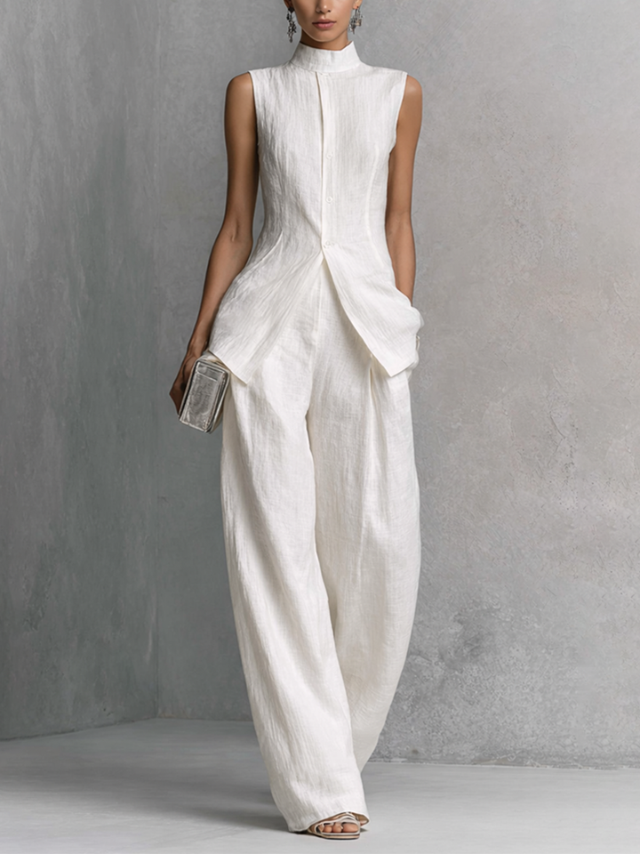 Ensemble élégant en coton lin blanc sans manches pour femmes avec pantalon large
