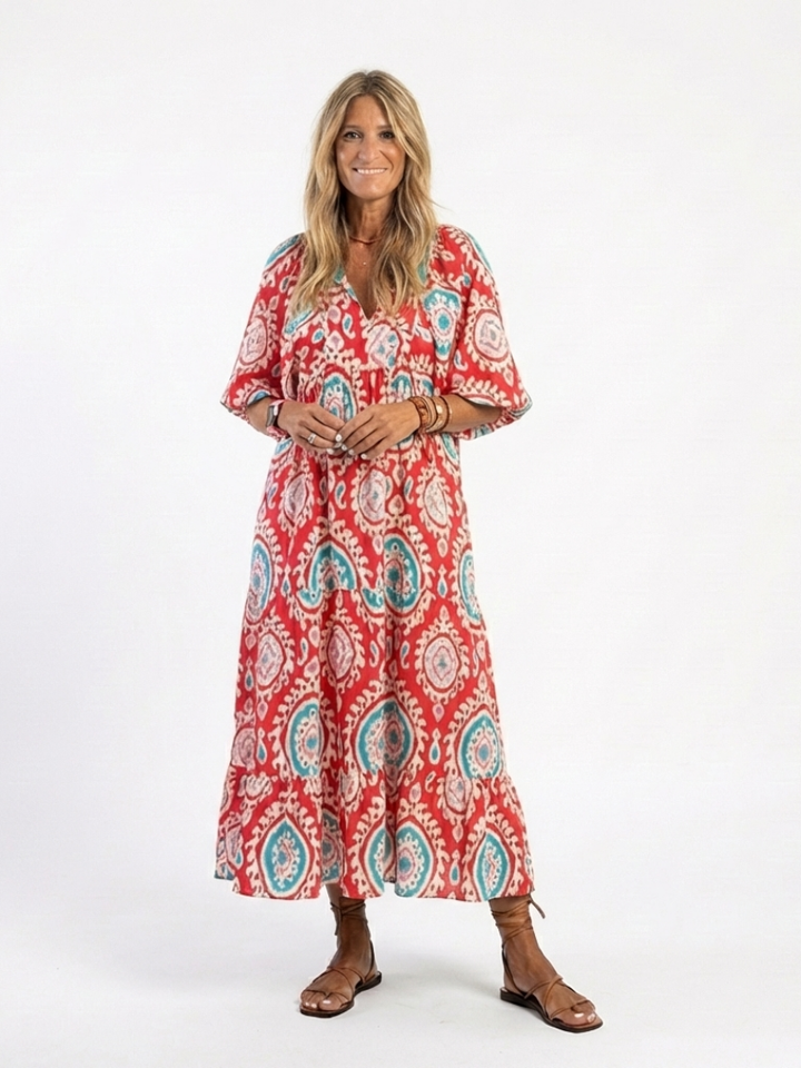 Zaria | Robe midi à manches courtes et décolleté en V imprimé paisley