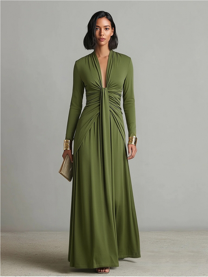 Sofia | Robe Maxikleid en Soie Olive à Profond Décolleté en V