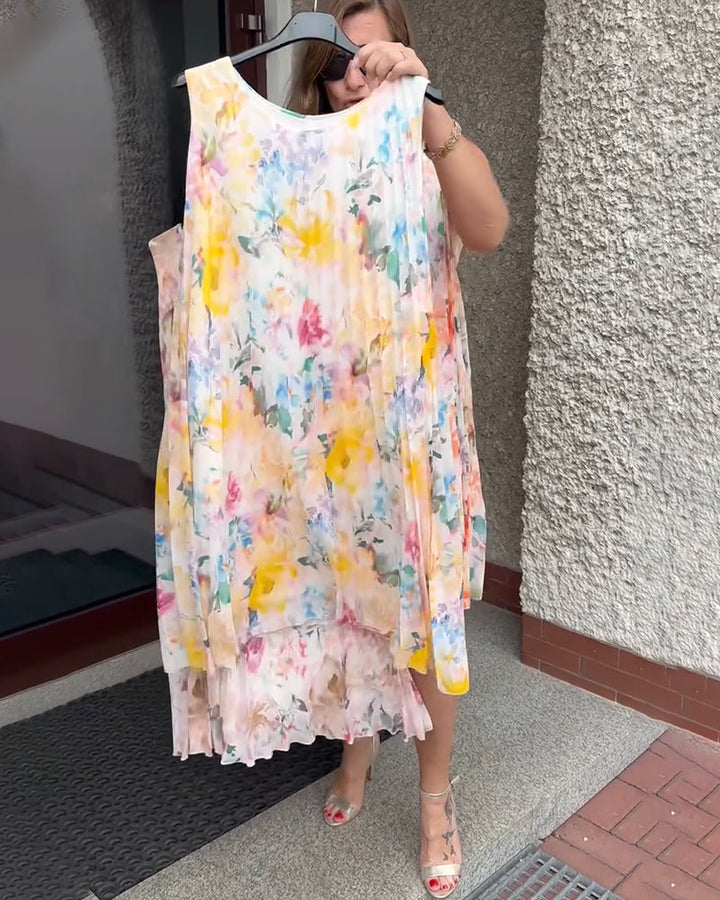 Robe Sans Manches Plissée Fleurie