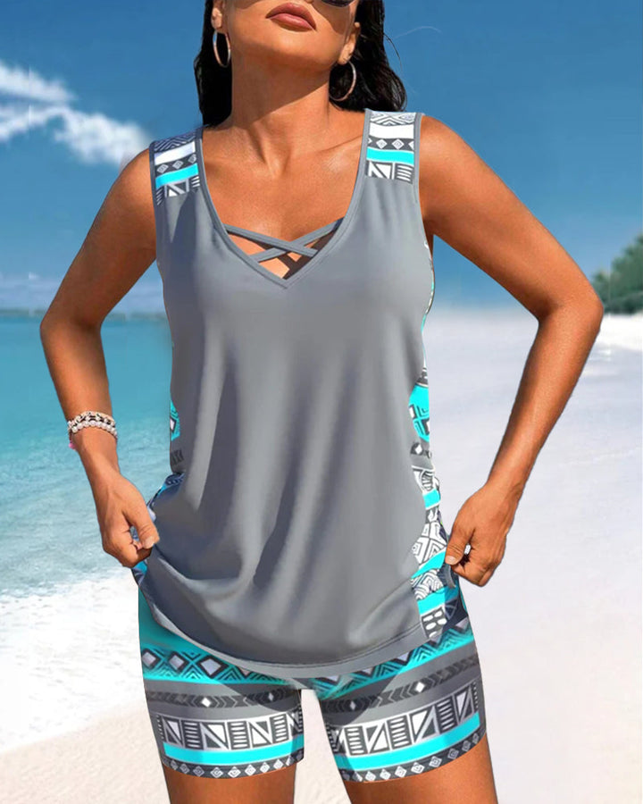 Azura | Tankini Deux Pièces Col V Croisé & Imprimé Géométrique Ethnique