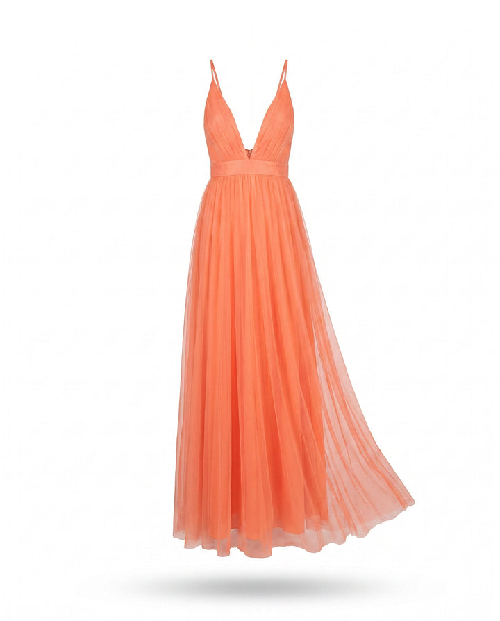 Aurore | Robe Longue Tulle Col V Plongeant & Ceinture Satinée