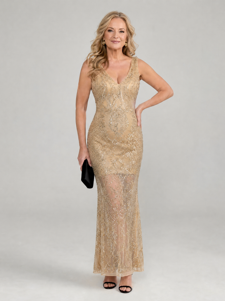 Sirea | Robe midi sans manches avec panneaux transparents et paillettes