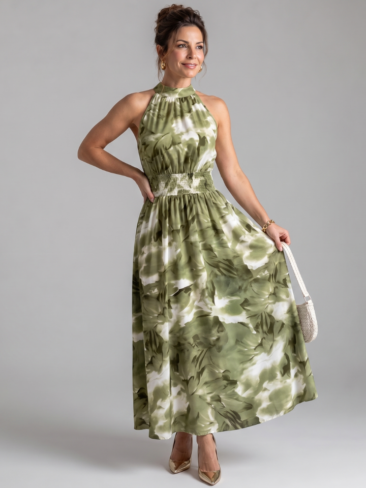 Olivia | Robe Midi à Taille Froncée Imprimé Abstrait