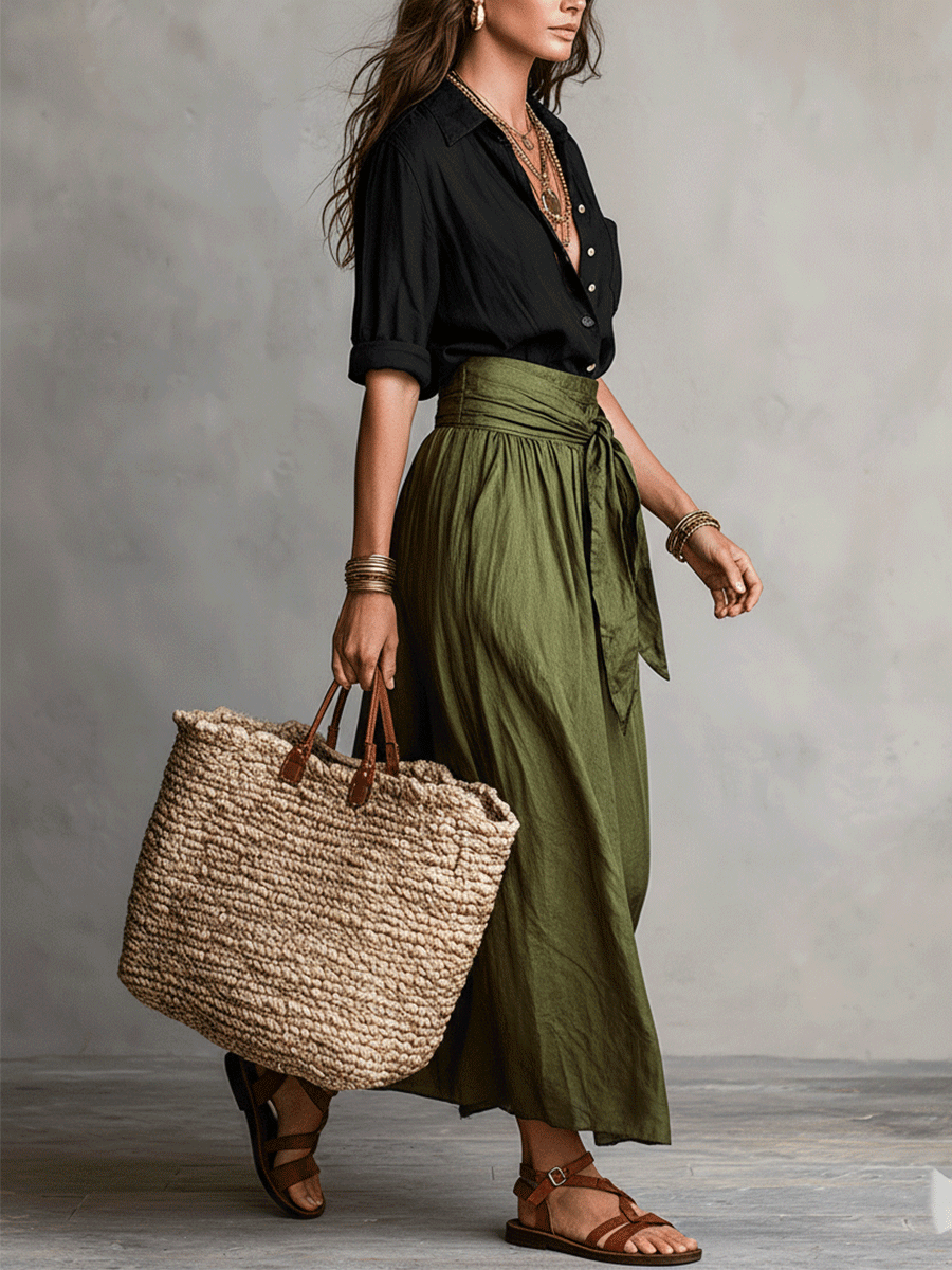 Ensemble Blouse Noire Boho Effortless & Jupe Midi Satin Olive