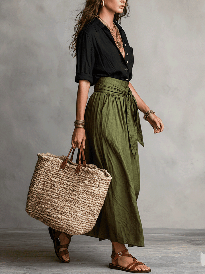 Ensemble Blouse Noire Boho Effortless & Jupe Midi Satin Olive