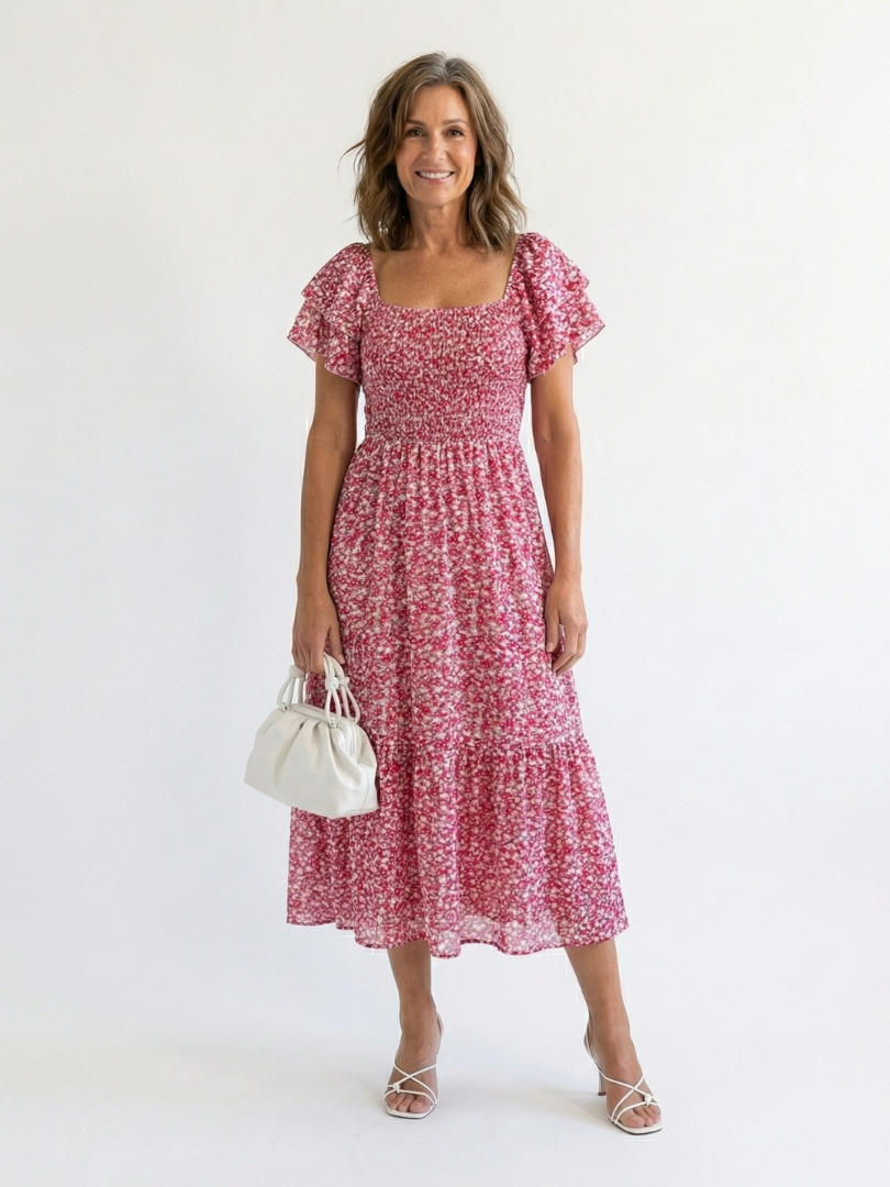 Odette | Robe Midi Fleurs à Épaules Dénudées