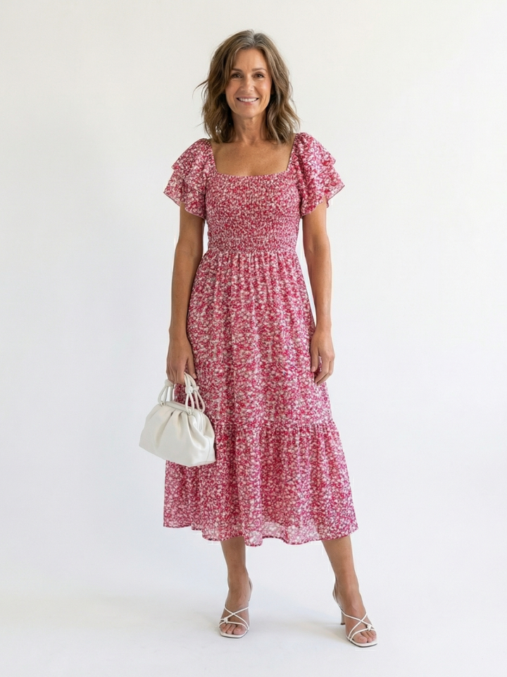 Odette | Robe Midi Fleurs à Épaules Dénudées