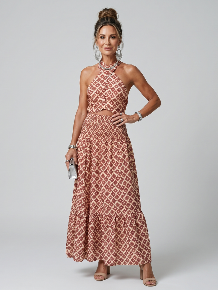 Amira | Robe Midi Découpée à Imprimé Géométrique avec Col Croisé