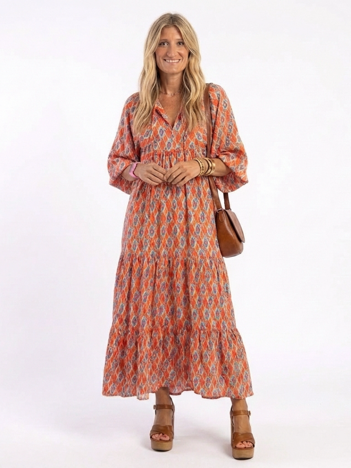 Amara | Robe Midi à Imprimé Géométrique avec Décolleté en V