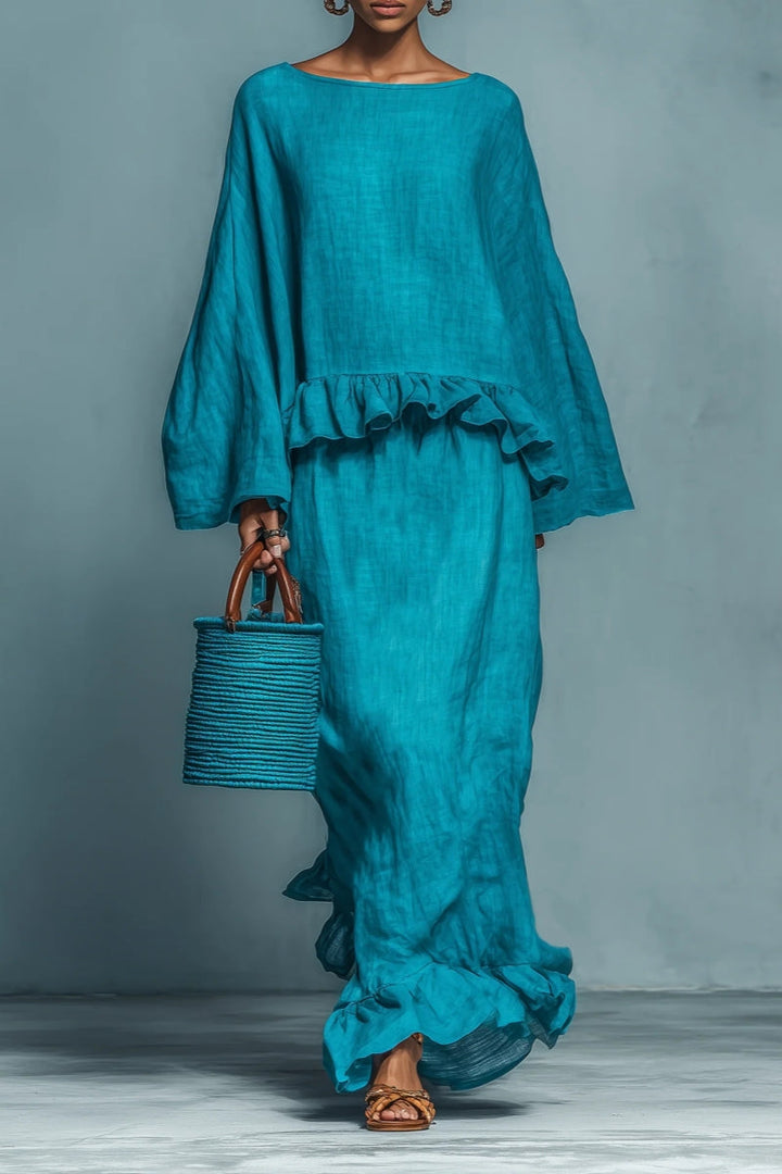 Ensemble blouse et jupe en mélange de lin bleu avec volants