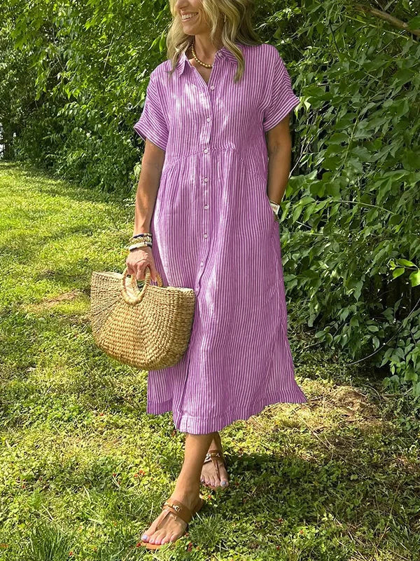 Wendy | Robe Chemise Rayée Lin & Manches Courtes