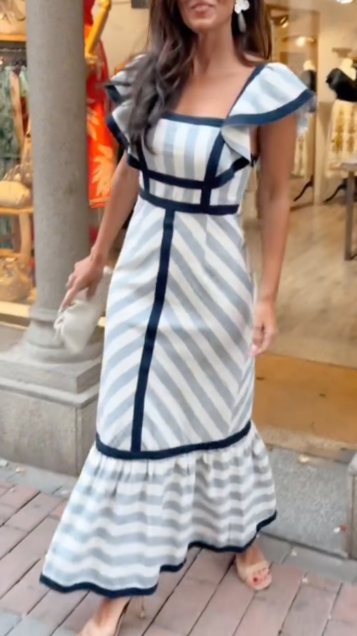 Dianne | Robe Maxi Rayée Col Carré Volants & Liserés Marine