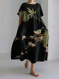 Robe Midi Imprimée Fleurie et Oiseau Art Japonais pour Femmes