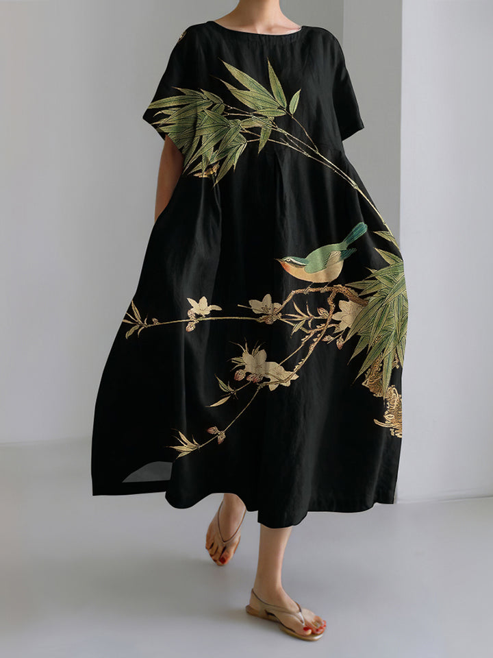 Robe Midi Imprimée Fleurie et Oiseau Art Japonais pour Femmes