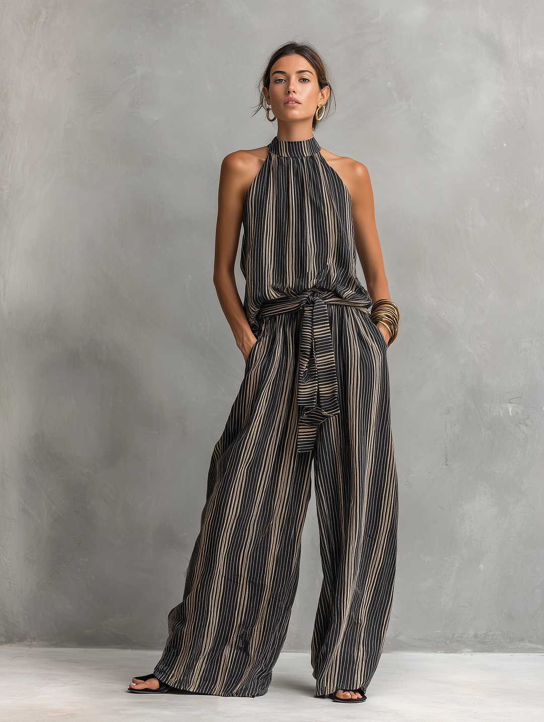 Ensemble Top Sans Manches à Col Rond Tissé Imprimé Rayé Élégant pour Femmes Associé à un Pantalon