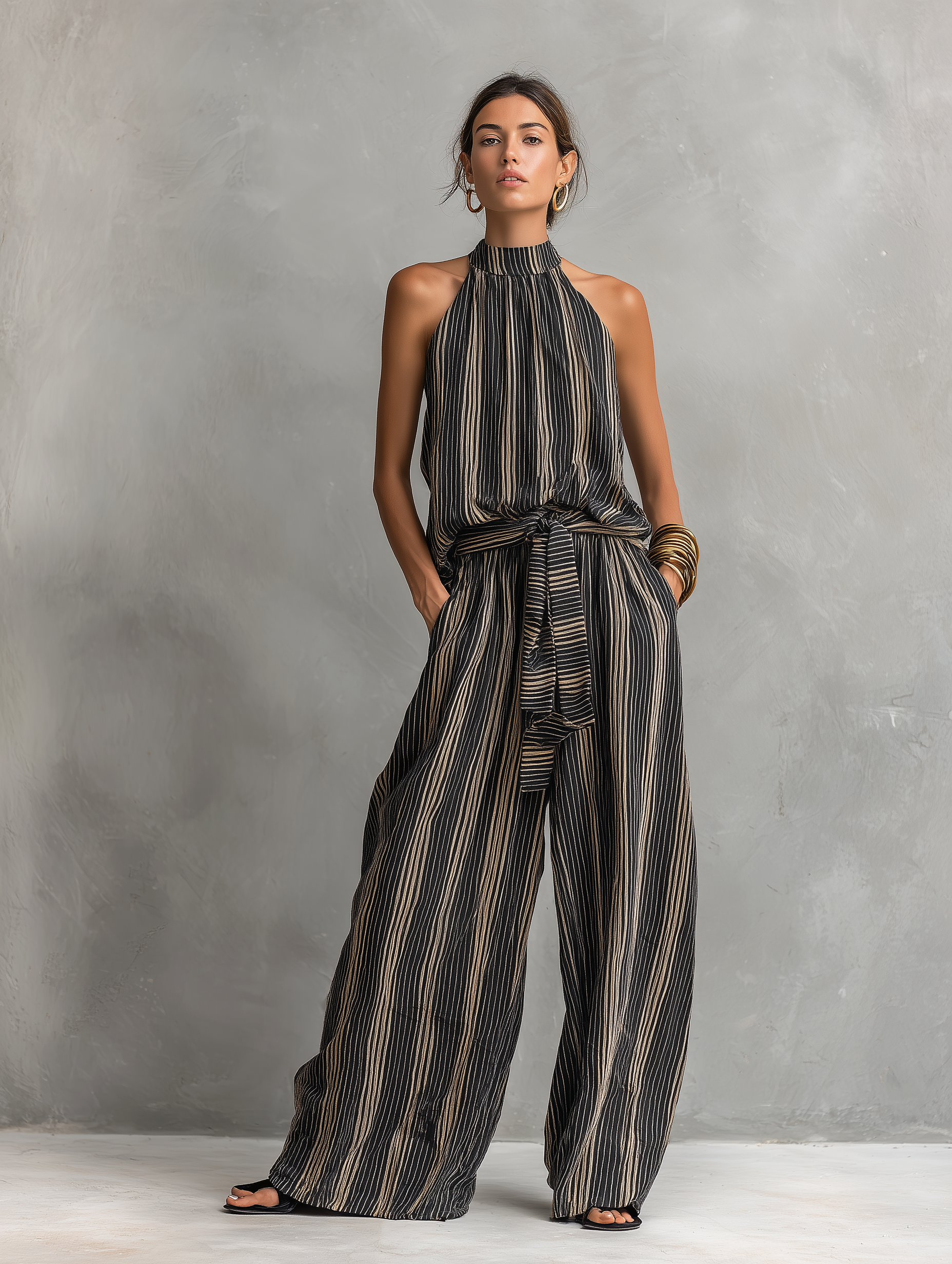 Ensemble Top Sans Manches à Col Rond Tissé Imprimé Rayé Élégant pour Femmes Associé à un Pantalon
