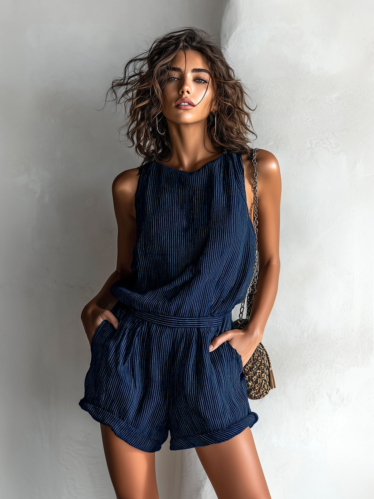 Ora | Ensemble Rayé Top Sans Manches & Short Taille Élastique