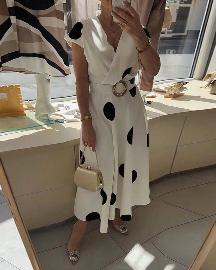 Ariel | Robe Midi Pois Grands Col V & Ceinture Dorée